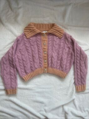 Lush Women’s Cardigan Cable-Knit Cropped Pink with Tan Trim - Size Medium